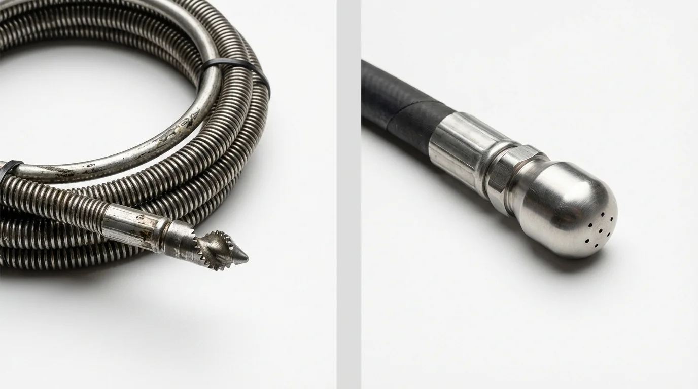 Drain snake cable and hydro jetting nozzle used for drain cleaning in Ligonier, IN