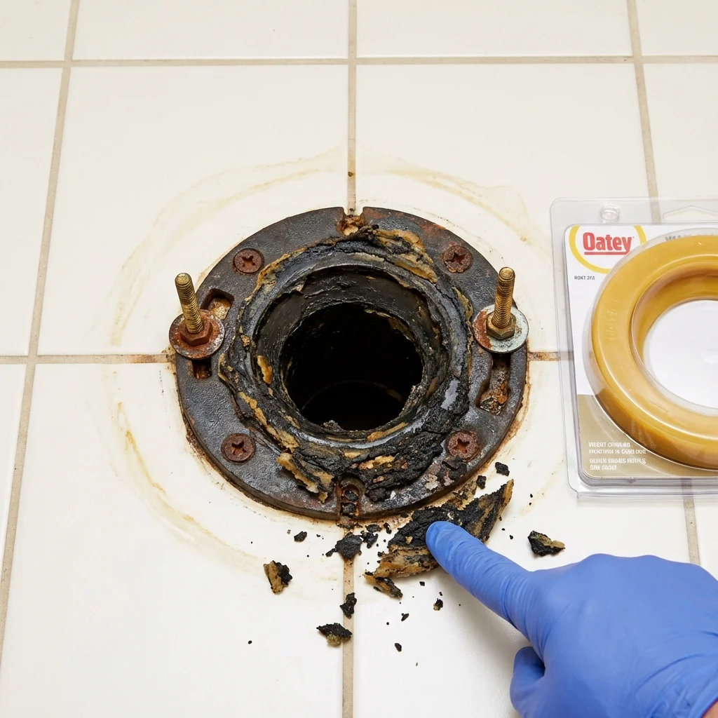 Failed wax ring showing water seepage at the base of a toilet in a Ligonier, IN home
