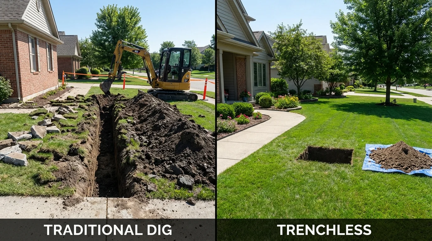 Trenchless sewer repair with minimal yard damage versus traditional excavation in Ligonier, IN
