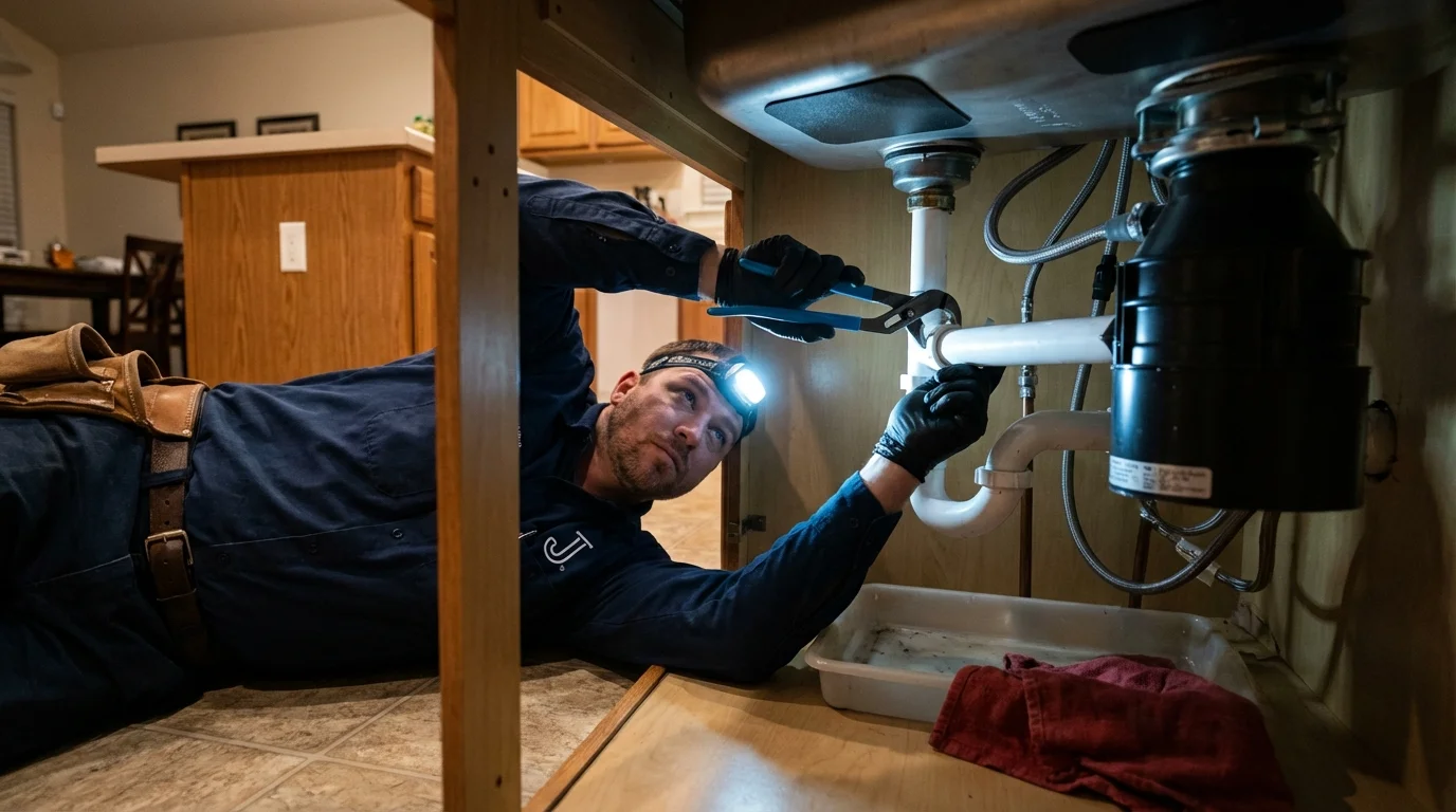 P-trap and supply line connections under a kitchen sink showing a common leak point in Ligonier, IN